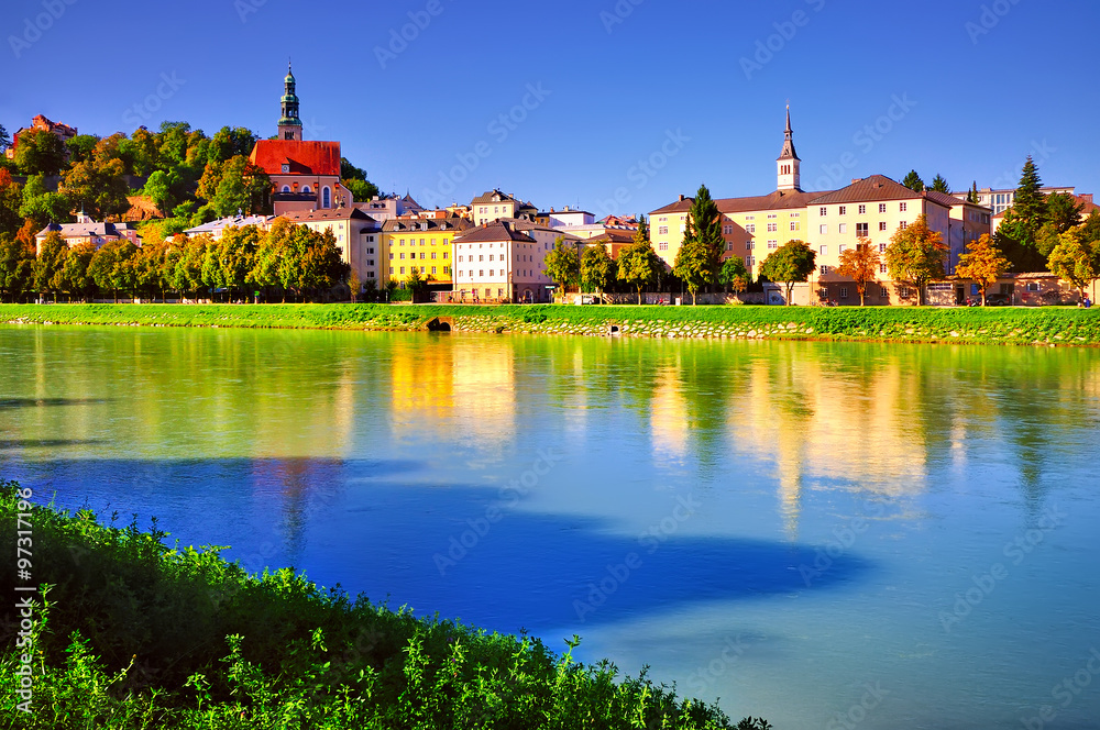 Embankment Salzach in Salzburg. Beautiful sunny landscape