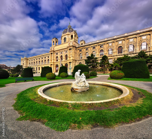 Beautiful view of famous Naturhistorisches Museum with park and sculpture in Vienna