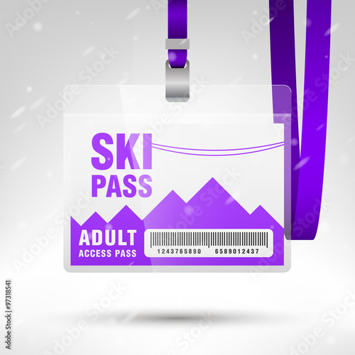 Ski pass vector illustration. Blank ski pass template with barcode in plastic holder with violet lanyard. Horizontal layout.