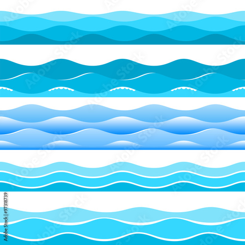 Blue silhouettes of waves. Set of different stylized silhouettes of sea blue waves. 