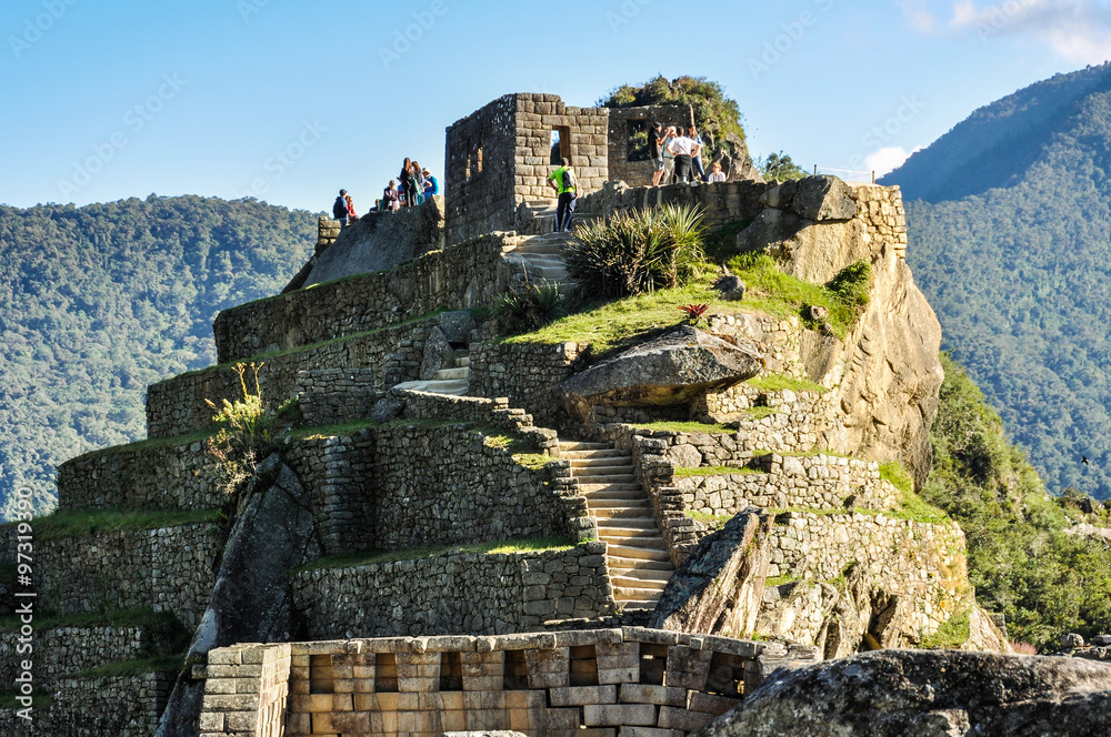 Naklejka premium Temple of Sun at Machu Picchu, the sacred city of Incas, Peru