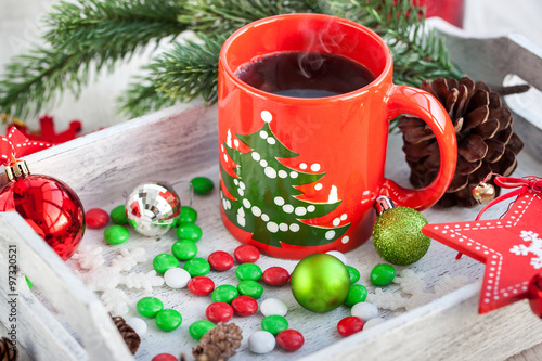 Christmas coffee cup and candies