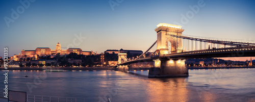 Panorama of the Chain bridge and the castle in the evening
