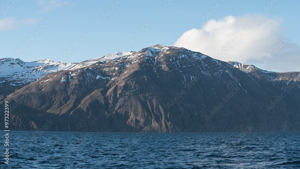 sea and covered by snow mountains in sunny day