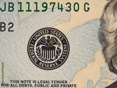 Seal of the Federal Reserve System on the us 20 dollar bill macro, united states money closeup