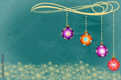 Christmas bowls hanging above golden snowflakes on biskay bay background photo