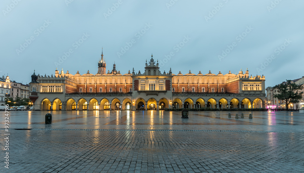 Cloth-hall (Sukiennice) in Krakow illuminated in early morning