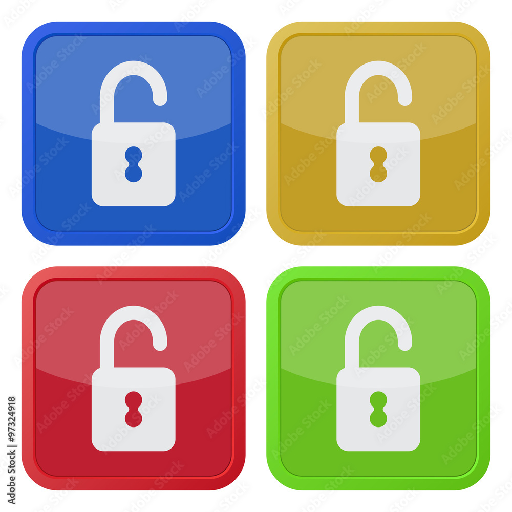 set of four square icons with open padlock set of four square icons with open padlock
