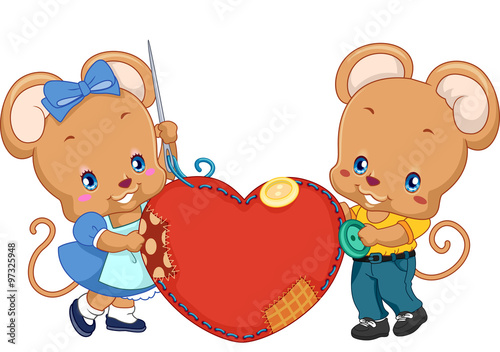 Cute Mice Couple Sewing Heart