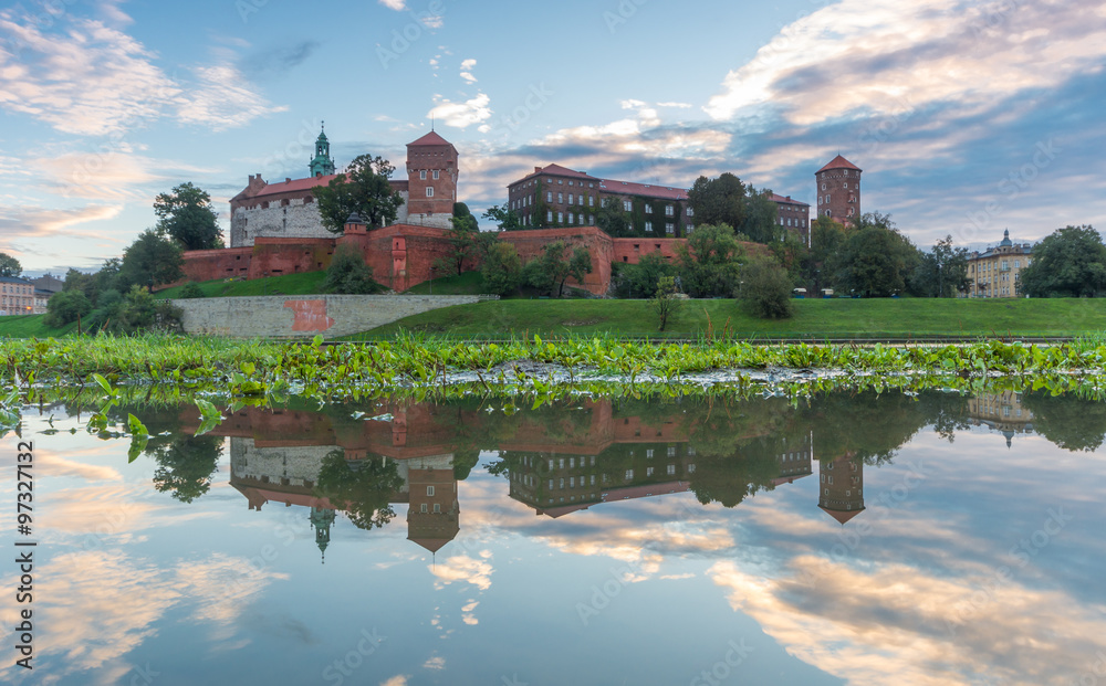 Fototapeta premium Wawel Castle and Wawel cathedral seen from the Vistula boulevards in the morning