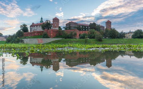 Wawel Castle and Wawel cathedral seen from the Vistula boulevards in the morning