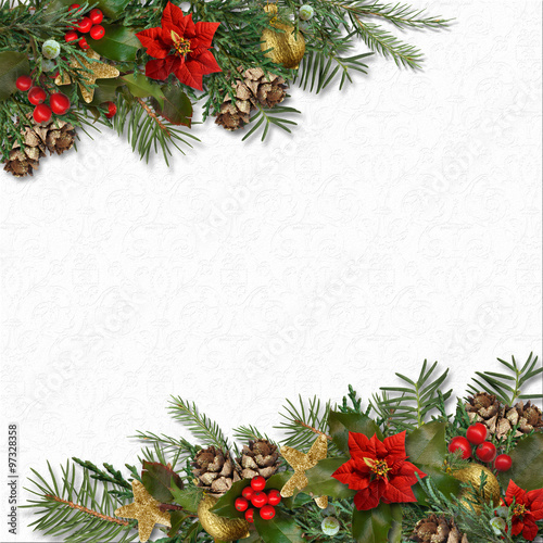 Christmas background with border of holly,poinsettia,fir tree, c
