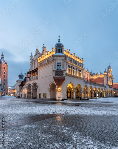 Cloth-hall (Sukiennice) in Krakow illuminated early winter morning