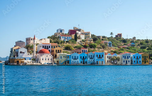 Kastellorizo island, Dodecanese, Greece. Colorful Mediterranean architecture on a sunny clear day