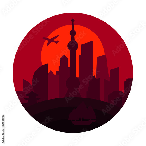 Shanghai city the shadow China building sunset red vector logo illustrations, strong trend flat