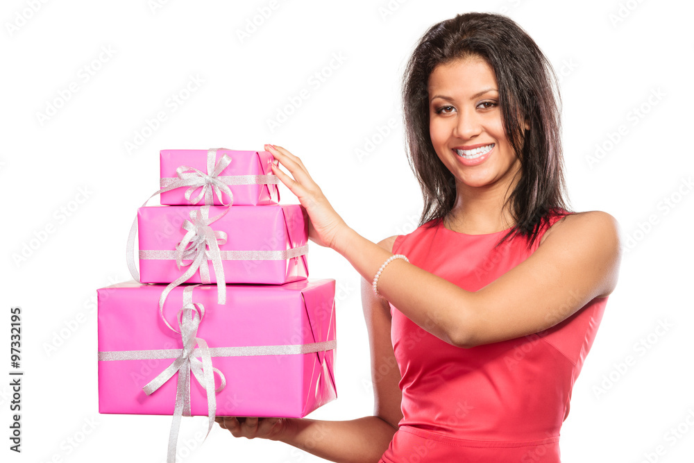 Pretty mixed race girl with boxes gifts. Christmas Pretty mixed race girl with boxes gifts. Christmas