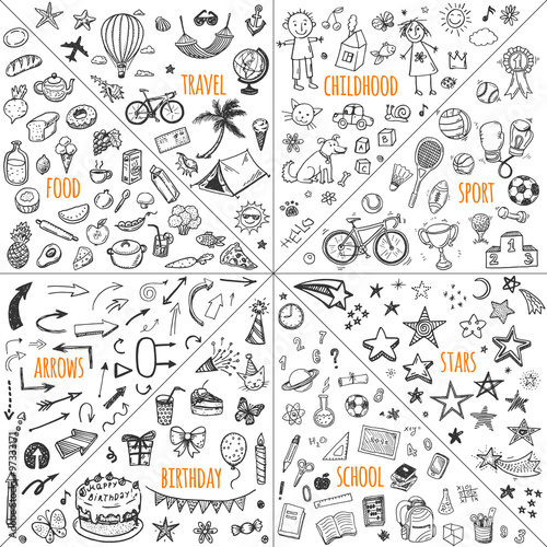 Mega doodle design elements vector set: travel, childhood, sport, school, birthday, arrows, food.