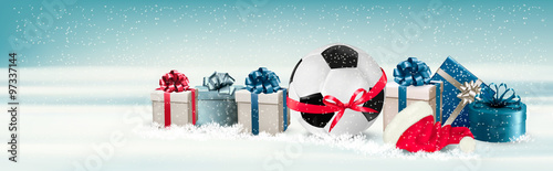 Holiday Banner with a Gift Boxes and Soccer Ball. Vector