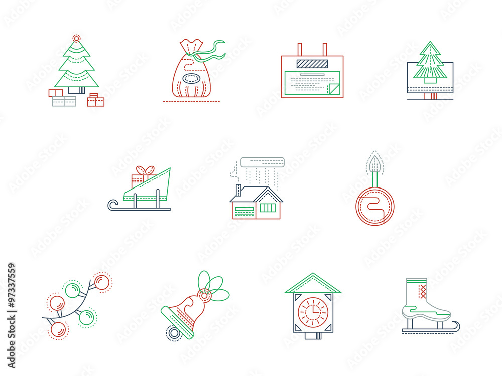 Winter theme color line icons vector collection