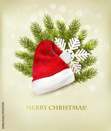 Holiday background with a santa hat and Christmas tree. Vector.