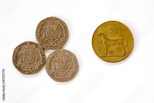 English and obsolete Irish 20 pence coins