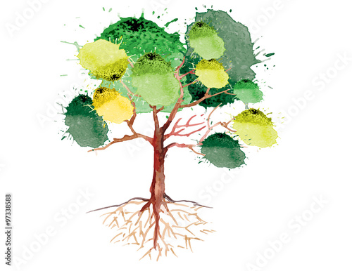 Chestnut Tree with roots on white background,watercolor brush design ,vector illustration