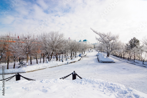 The embankment of Amur River in Khabarovsk  Russia  in a winter day