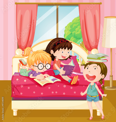 Children reading books in bedroom