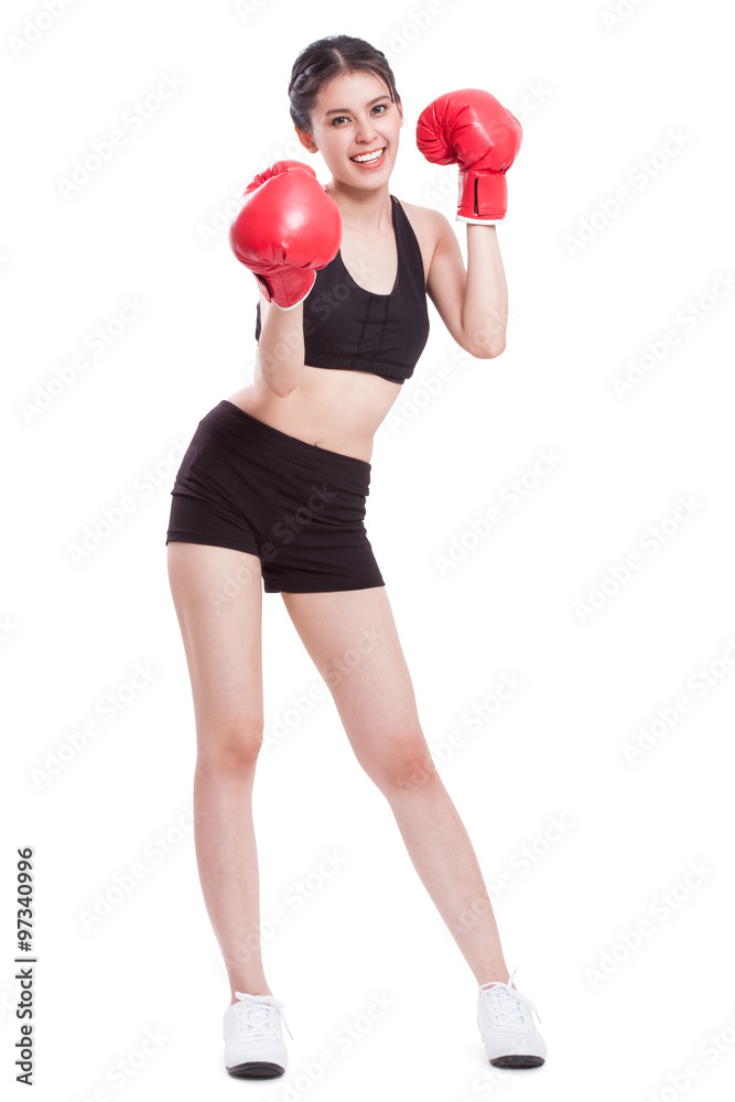 Boxer woman. Boxing fitness woman smiling happy wearing red boxing gloves on white background. Boxer woman. Boxing fitness woman smiling happy wearing red boxing gloves on white background.