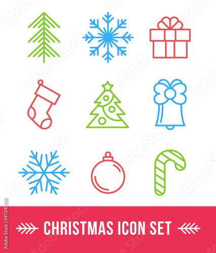 Colorful set of 9 Christmas outline icons.