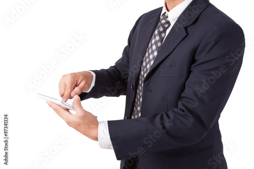 Businessman using tablet pc on white background