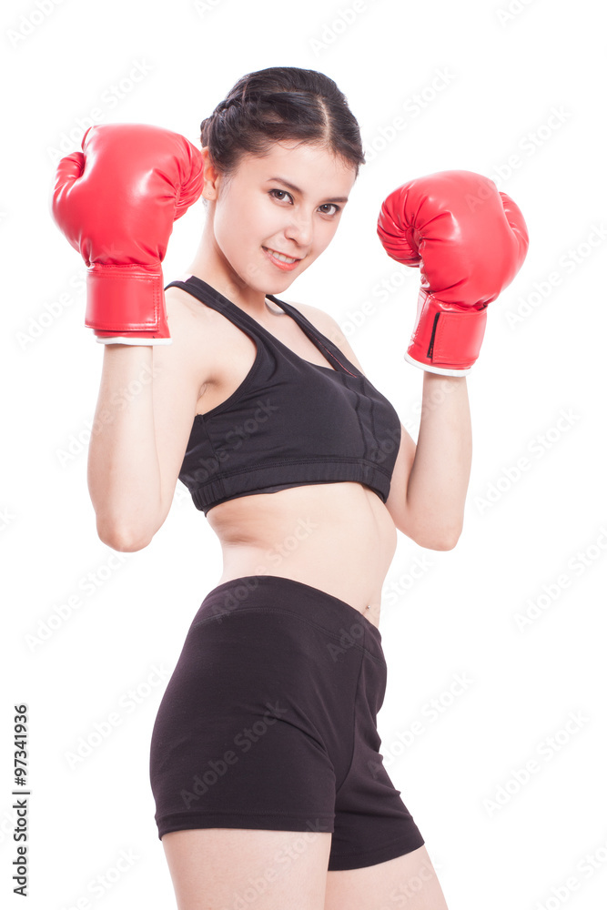 Boxer - fitness woman boxing wearing boxing gloves on white background. Boxer - fitness woman boxing wearing boxing gloves on white background.