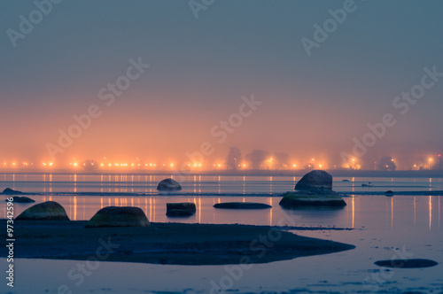 Promenade lights on misty night