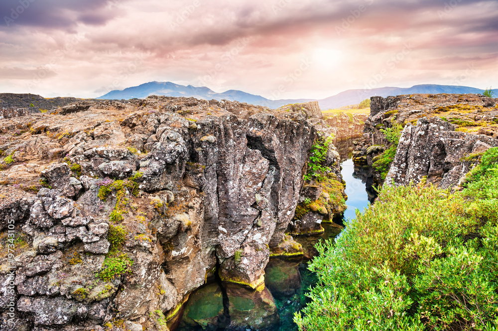 Cliffs and deep fissure in Thingvellir National Park, southern I - obrazy, fototapety, plakaty 