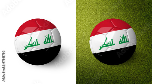 3d realistic soccer ball with the flag of Iraq on it isolated on white background and on green soccer field. See whole set for other countries.