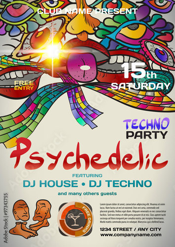 Vector night party invitation in psychedelic techno style. Vecto