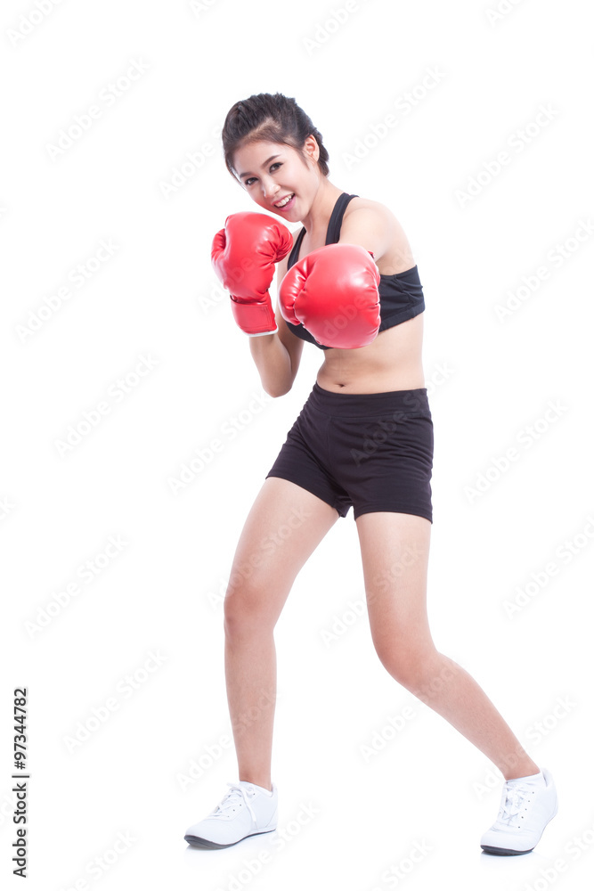 Boxer woman. Boxing fitness woman smiling happy wearing red boxing gloves on white background. Boxer woman. Boxing fitness woman smiling happy wearing red boxing gloves on white background.