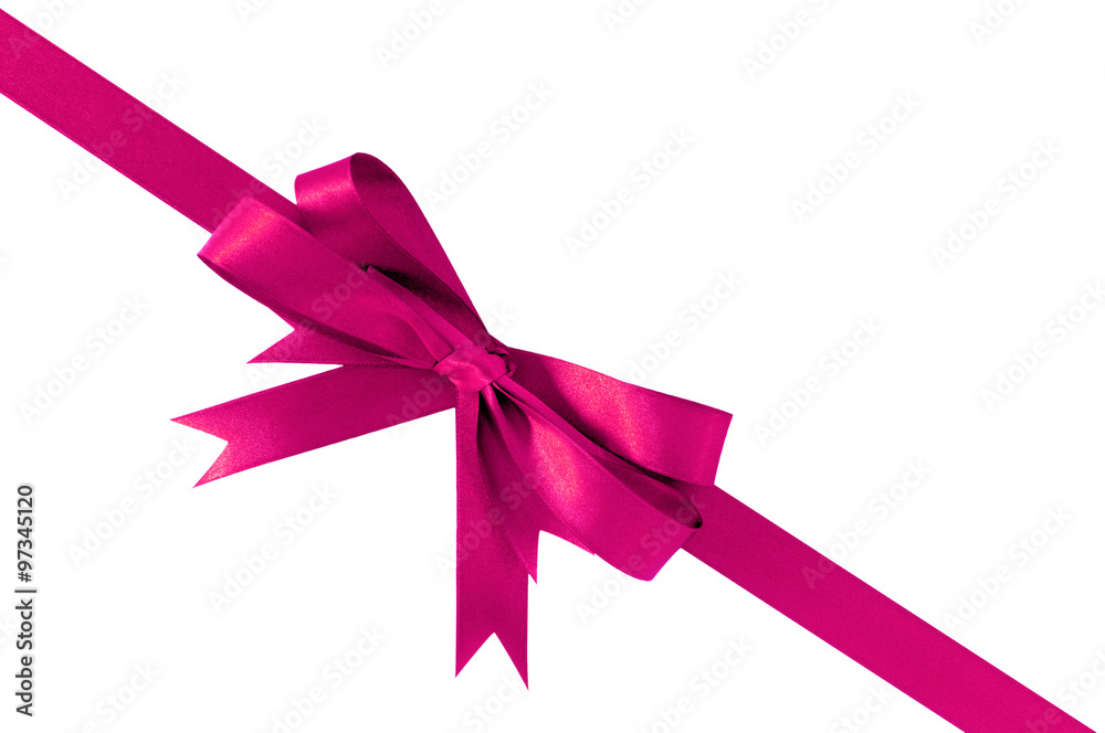 Pink gift ribbon bow corner diagonal isolated on white background for christmas or birthday present decoration design photo