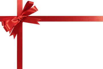 Red bow gift ribbon horizontal cross shape isolated on white background for christmas or birthday present decoration design photo