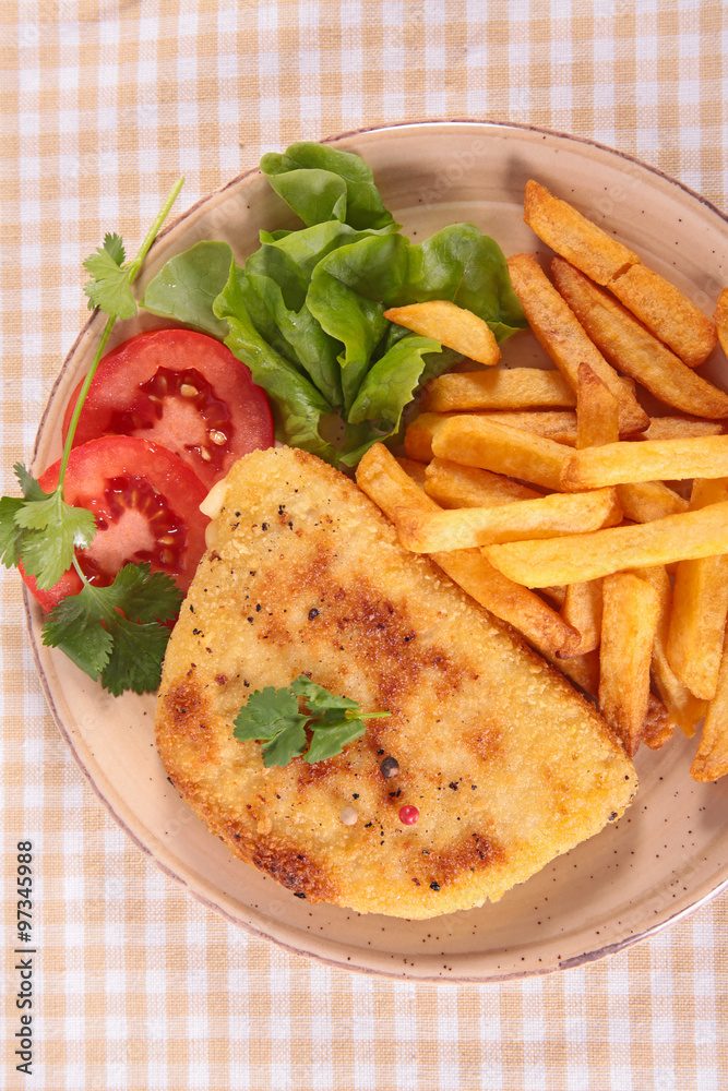 breaded meat and french fries breaded meat and french fries