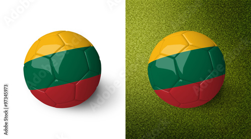 3d realistic soccer ball with the flag of Lithuania on it isolated on white background and on green soccer field. See whole set for other countries.