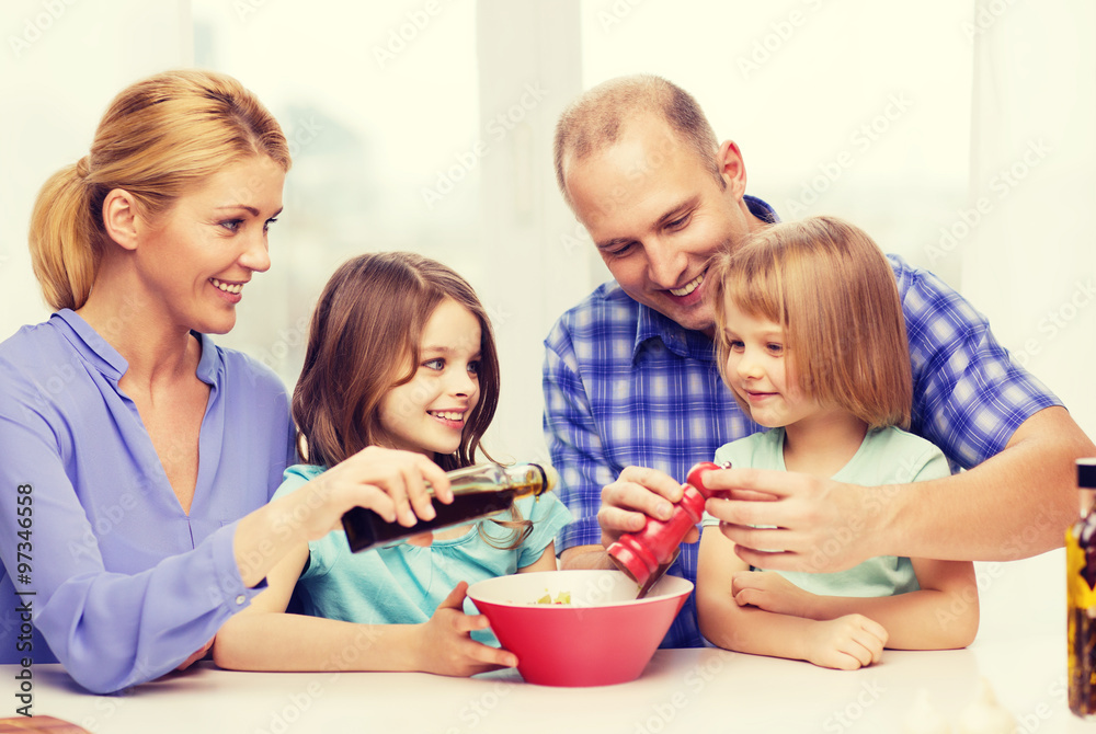 happy family with two kids making dinner at home happy family with two kids making dinner at home