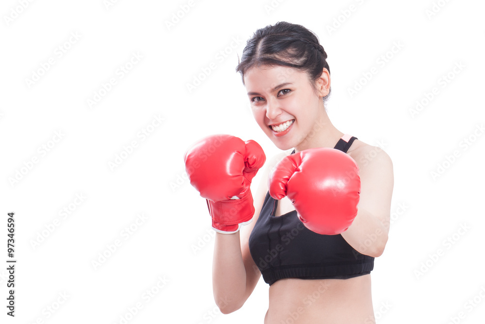 Portrait of fitness woman with the red boxing gloves Portrait of fitness woman with the red boxing gloves