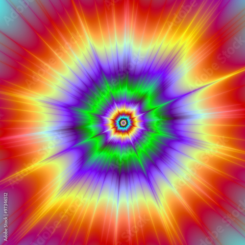 Tie Dye Explosion / A digital abstract fractal image with a colorful psychedelic explosion design in red, green, violet and yellow.