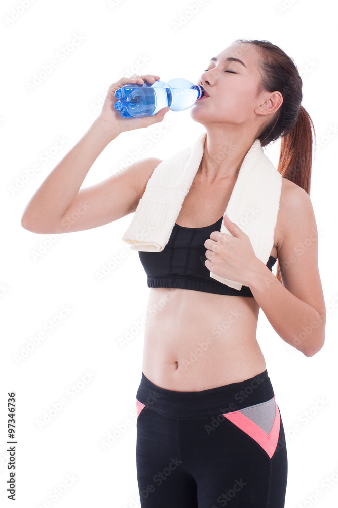 Fitness beautiful woman drinking water on white background Fitness beautiful woman drinking water on white background
