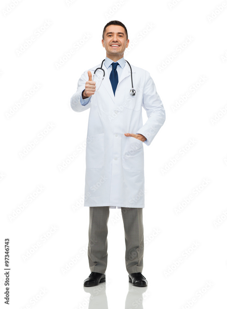 smiling doctor in white coat showing thumbs up smiling doctor in white coat showing thumbs up