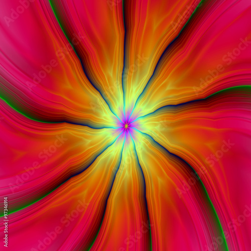 Nine Segments in Pink Orange and Yellow / A digital abstract fractal image with nine segments in pink, red, orange, yellow and green, blue and turquoise.