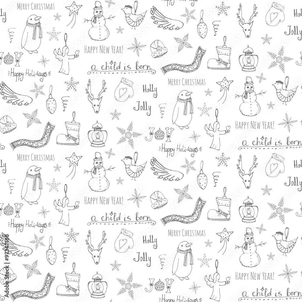 Seamless background hand drawn sketchy Christmas elements Doodle vector illustration, Snowmen, snowflakes, stockings, ice skating, deer, angel, decoration, Merry Christmas and Happy New Year