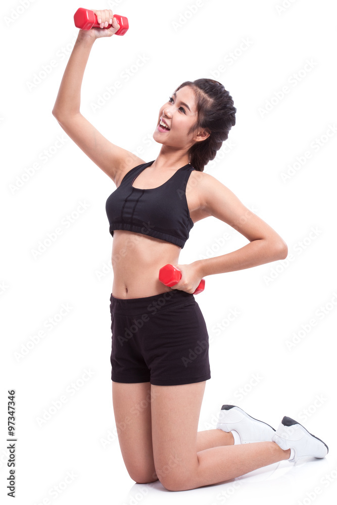Sport woman with lifting weights and holding apple. healthy concept Sport woman with lifting weights and holding apple. healthy concept
