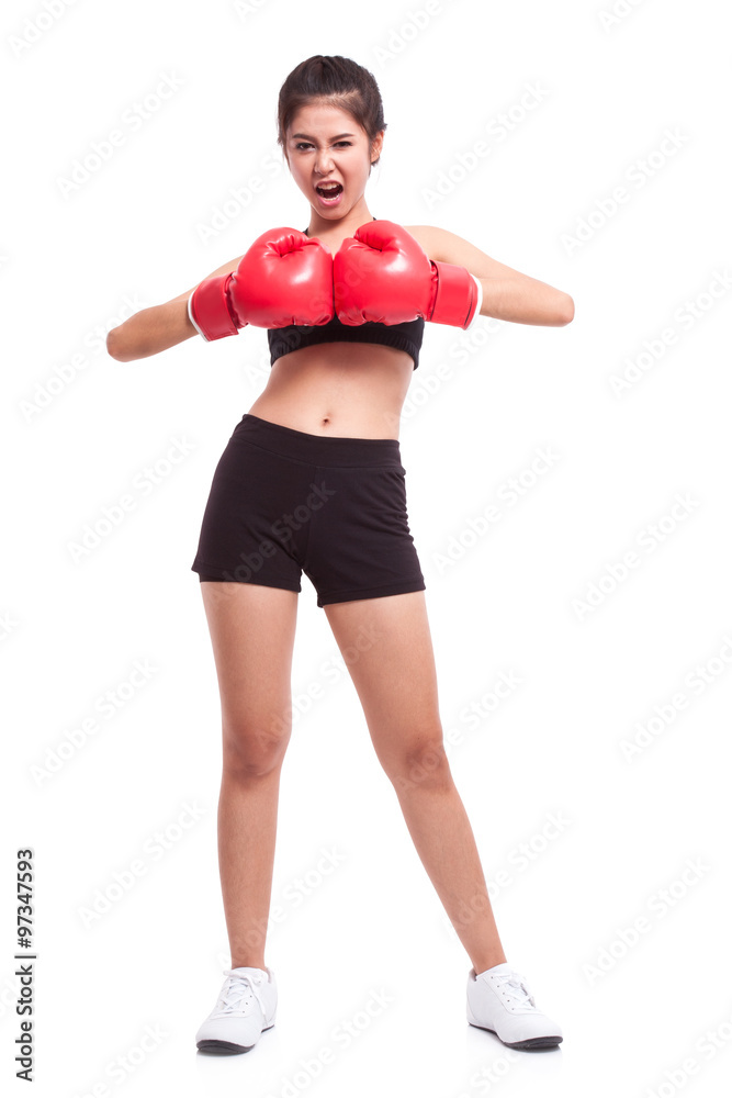 Full length fitness woman with the red boxing gloves Full length fitness woman with the red boxing gloves